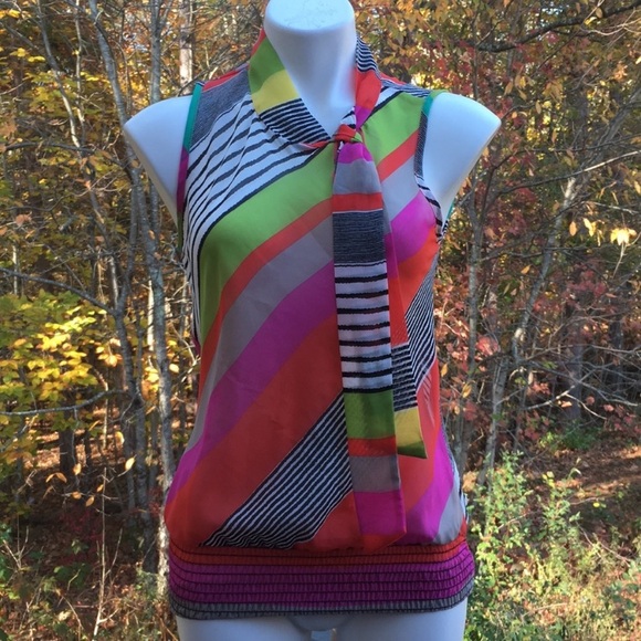 Celine x Champion ribbon tie neckline sleeveless colorful ribbed hem top size M - Picture 1 of 7
